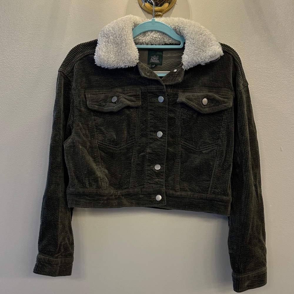 Wild Fable Olive Corduroy Jacket with Cream Sherpa Collar